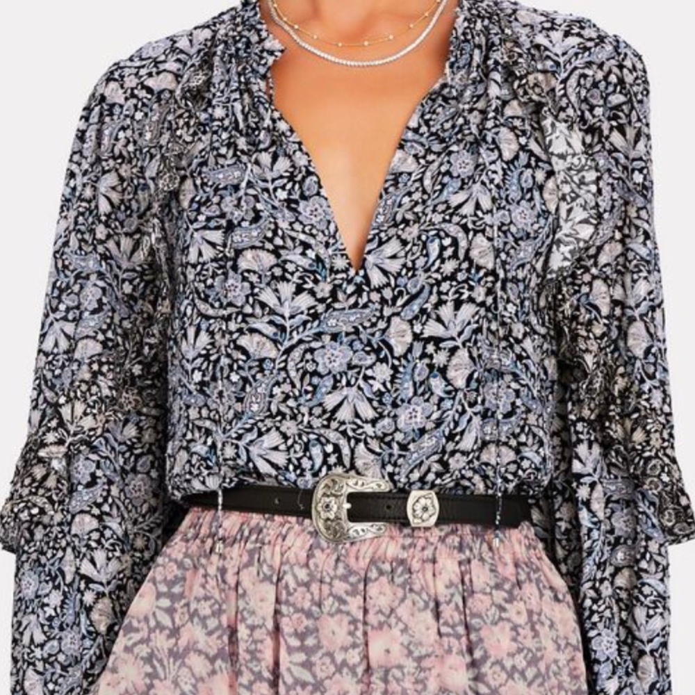 Intermix Maura Ruffled Floral Paisley Silk Blend Metallic Blouse Sz M